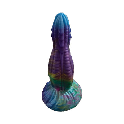 Colorful textured silicone dildo with suction base in blue, purple, green, and yellow gradient design.
