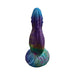 Colorful textured silicone dildo with suction base in blue, purple, green, and yellow gradient design.