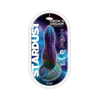 Colorful 6-inch textured silicone dildo with suction base in space-themed packaging labeled Stardust Orion's Orgasm.