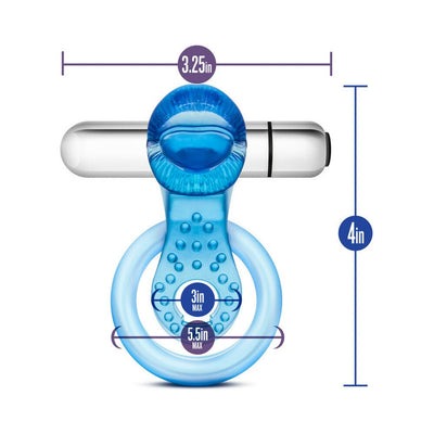 Blue vibrating tongue ring with textured surface and removable silver bullet, shown with size dimensions.