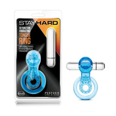 Blue vibrating tongue ring with textured stimulator and removable silver bullet vibrator in packaging and out of package.