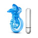Blue vibrating tongue ring with textured stimulator and silver bullet vibrator beside it on white background.