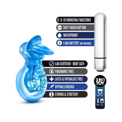 Blue vibrating tongue ring with textured surface and removable silver bullet vibrator shown with product features and benefits.
