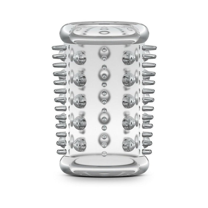Clear textured stretchy cock sleeve with raised ticklers for enhanced stimulation and a secure fit.