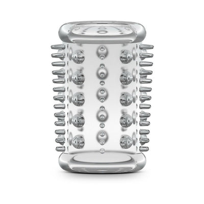 Clear textured stretchy cock sleeve with raised ticklers for enhanced stimulation and a secure fit.