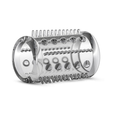 Clear textured stretchy cock sleeve with raised ticklers for enhanced stimulation and secure fit.