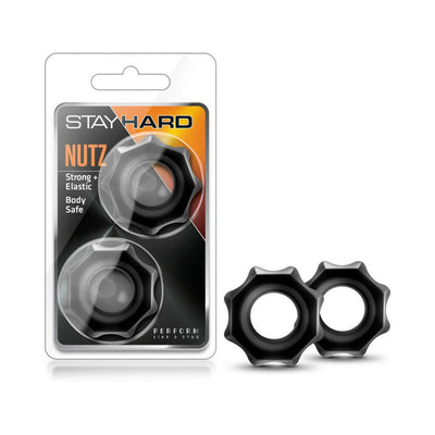 Stay Hard Nutz Cock Ring set in black, featuring two strong, elastic, body-safe rings with a unique ridged design.