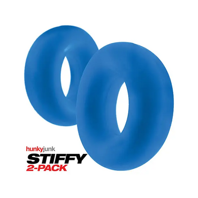 Two blue silicone cockrings from Oxballs Stiffy 2-pack with a smooth matte finish and rounded edges.