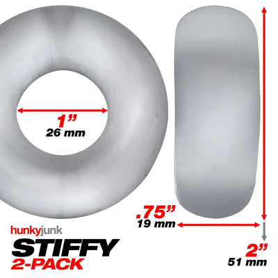 Two gray silicone cockrings shown with dimensions, highlighting 1 inch inner diameter and 0.75 inch thickness, labeled Stiffy 2-pack.