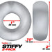 Two gray silicone cockrings shown with dimensions, highlighting 1 inch inner diameter and 0.75 inch thickness, labeled Stiffy 2-pack.