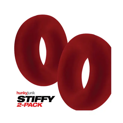 Two red silicone cockrings from Oxballs Stiffy 2-pack displayed on a white background.