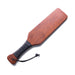 Leather wrapped wooden spanking paddle with wrist loop, polished brown finish and black handle wrap.