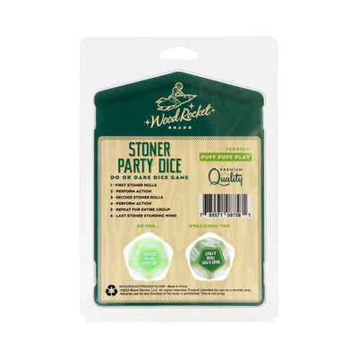 Stoner Party Dice game packaging showing two large green 12-sided dice with do or dare stoner-themed actions.