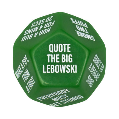 Green 12-sided stoner party dice with white text featuring playful cannabis-themed dares and challenges.