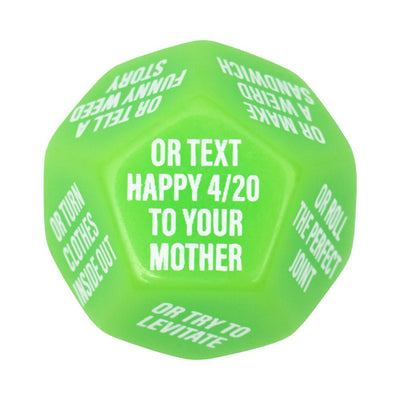 Green 12-sided stoner party dice with white text featuring fun cannabis-themed dares and challenges.