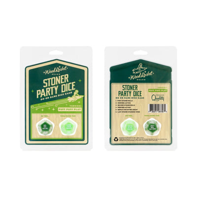 Packaging of Wood Rocket Stoner Party Dice game with two large 12-sided dice for adult do or dare fun.