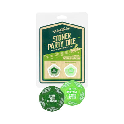 Stoner Party Dice game packaging with two large green 12-sided dice featuring do or dare cannabis-themed challenges.