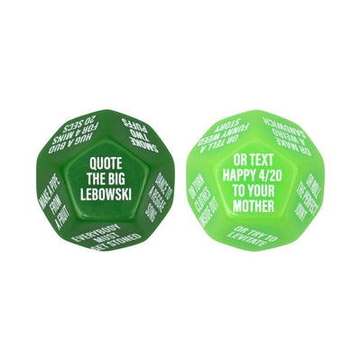 Two large 12-sided green dice with white text featuring stoner party dares and challenges on a white background.