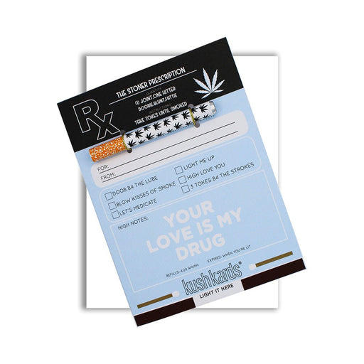 Stoner Prescription card with a metal one-hitter pipe featuring cannabis leaf design and humorous prescription-style message.