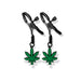 Black adjustable nipple clamps with green cannabis leaf charms and removable soft rubber tips.
