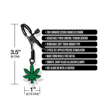 Black adjustable nipple clamp with soft rubber tips and green cannabis leaf charm, shown with size and feature details.