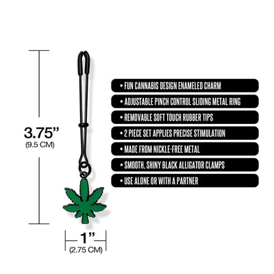 Black adjustable tweezer nipple clamp with green cannabis leaf charm and removable rubber tips, 3.75 inches long.
