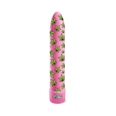 Pink vibrator with green cannabis leaf pattern and twist base control, branded Stoner Vibes.