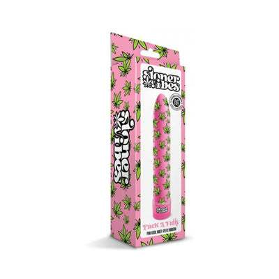 Pink vibrator with green leaf pattern in matching pink and green leaf-themed packaging labeled Stoner Vibes Pack A Fatty.