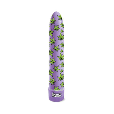 Purple vibrator with green cannabis leaf pattern and twist base control labeled Stoner Vibes