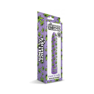 Purple vibrator with green leaf pattern in matching purple and green leaf-themed packaging labeled Stoner Vibes Pack A Fatty.