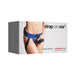 Packaging box of Strap-on-me Curious Leatherette Harness showing adjustable blue harness worn on model.