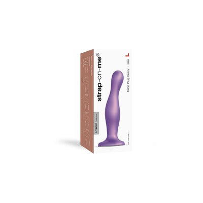 Metallic purple Curvy Plug Dil by Strap-On-Me in large size with ergonomic design and suction base shown on packaging.