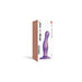 Purple curved silicone plug with ergonomic base displayed next to its white and brown Strap-On-Me packaging.