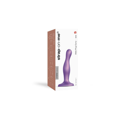 Purple curvy silicone plug with ergonomic base shown on white and brown Strap-On-Me packaging box.