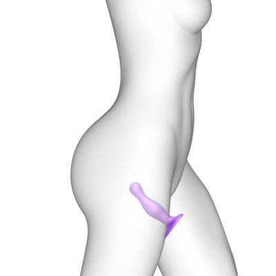 Side view of a white mannequin with a metallic purple curved plug featuring an ergonomic shape and suction base.
