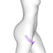Side view of a white mannequin with a metallic purple curved plug featuring an ergonomic shape and suction base.