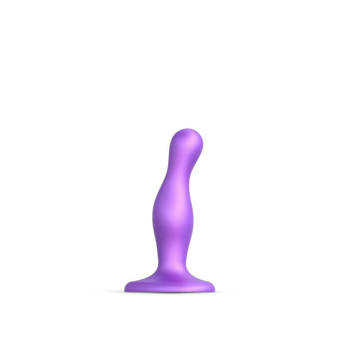 Metallic purple curved silicone plug with ergonomic shape and suction base for versatile use.