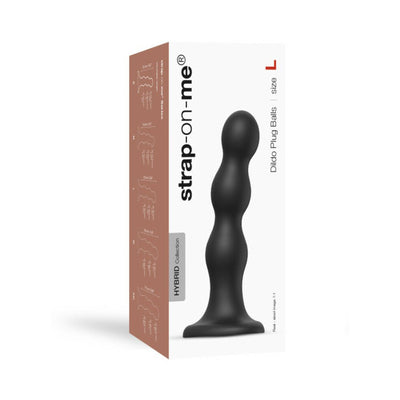 Packaging of Strap-on-me Dildo Plug Balls size L showing a black triple pearl-shaped silicone plug with suction base.