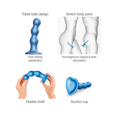 Blue silicone dildo plug with triplet balls, flexible shaft, heart-shaped suction cup, shown for vaginal and anal use.
