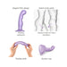 Metallic lilac strap-on dildo plug with ergonomic curved design, flexible shaft, and heart-shaped suction cup base.