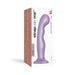 Metallic lilac large strap-on dildo plug with ergonomic curves in hybrid collection packaging.