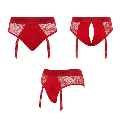 Red lace lingerie harness with adjustable garter straps and elastic waistband shown from front, back, and side angles.