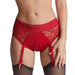 Front view of red lace lingerie harness with adjustable garter straps and branded waistband worn with black stockings