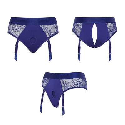 Royal blue lace lingerie harness with adjustable garter straps shown from front, back, and side views.