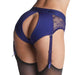 Rear view of royal blue lace lingerie harness with adjustable garter straps and open back design.