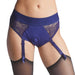 Close-up of royal blue lace lingerie harness with adjustable garter straps and elastic waistband on model.