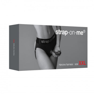 Packaging box for Strap-on-me Heroine harness in size XXL featuring a grayscale image of a person wearing the black harness.