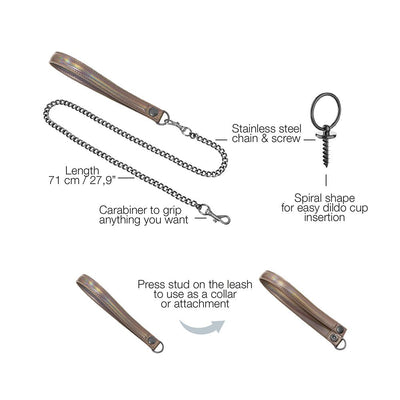 Strap-On-Me leash with stainless steel chain, carabiner, and spiral screw ring for dildo cup attachment, 71 cm length.