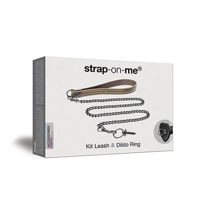 Strap-On-Me Leash and Dildo Ring Kit packaging showing a leather leash and metal chain with ring attachment.