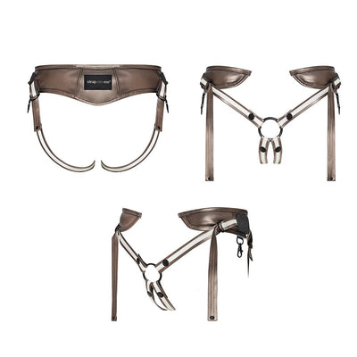 Three views of the Strap-On-Me Desirous leatherette harness in bronze with adjustable straps and metal ring detailing.